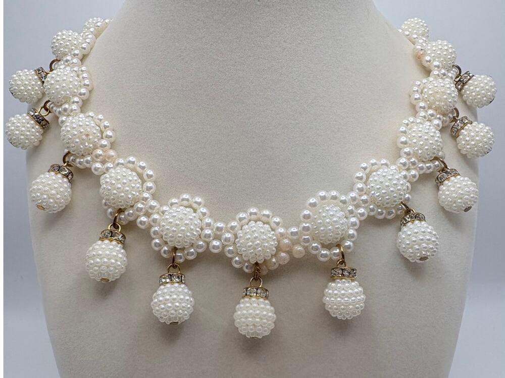 Faux Pearl Statement Necklace Floral Bib w/ Dangling Pearl Drops Rhinestones